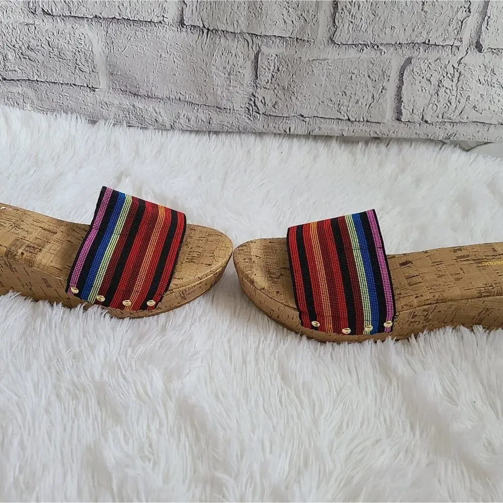 Avenue Greta Y2K Colorful Cork Wedge Heeled Flip Flops Size 10W